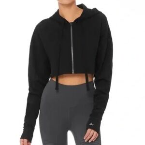 Alo Cropped Zip Up Hoodie in Black